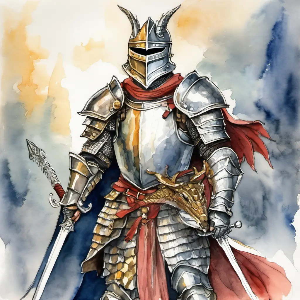 A picture of Brave knight with shiny armor and a tall helmet and the dragon standing together, smiling and holding up their swords.