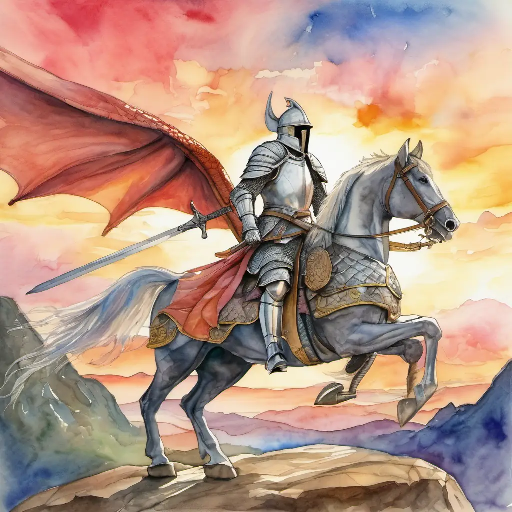 A picture of Brave knight with shiny armor and a tall helmet and the dragon riding off into the sunset, with a colorful sky behind them.