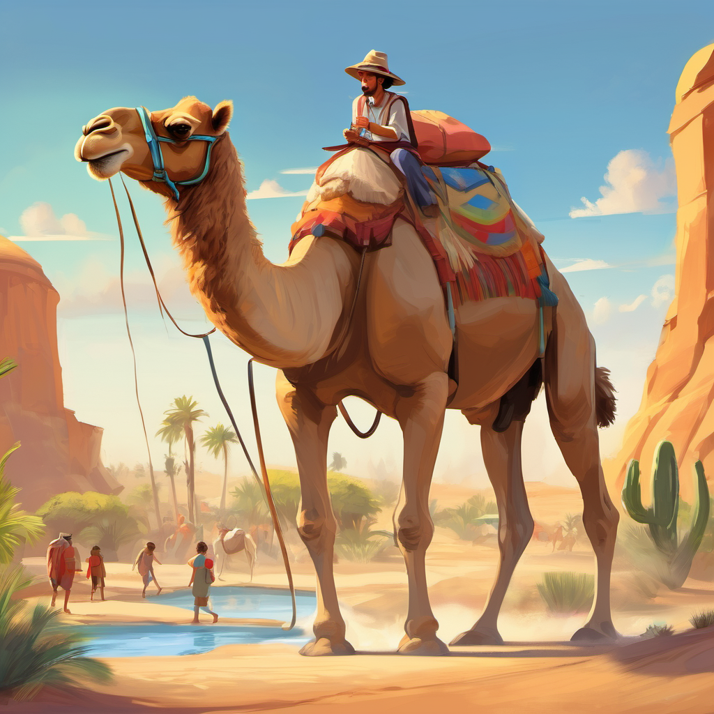 Once upon a time in the vast desert, there lived a friendly and kind-hearted camel named Carl. Carl had a special talent—he could store water in his humps for days, making him the envy of all the other desert animals. One hot sunny day, Carl decided to explore a nearby water park to have some fun. As Carl arrived at the water park, he eagerly joined the long line of excited children and adults waiting to enter. Carl was thrilled to be part of the joyful atmosphere and couldn't contain his excitement. Finally, it was his turn to enter the water park!