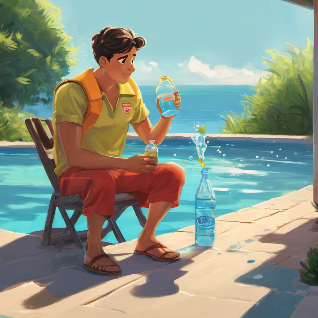 As soon as Carl took his first sip of water from the pool, he began to feel stronger and healthier. The water was so refreshing that he couldn't help but drink more and more. Unbeknownst to him, the pool was slowly emptying, leaving the other visitors disappointed. Soon enough, the lifeguard noticed what was happening. He rushed over to Carl and gently explained, "Hey there, Carl! I see you really enjoy drinking water. But did you know that there are others who also want to enjoy the pool? By drinking up all the water, you've left none for them."