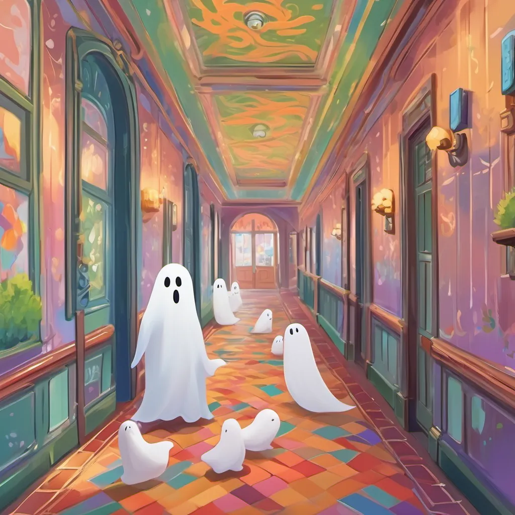 Colorful school hallway with a few transparent ghosts giggling