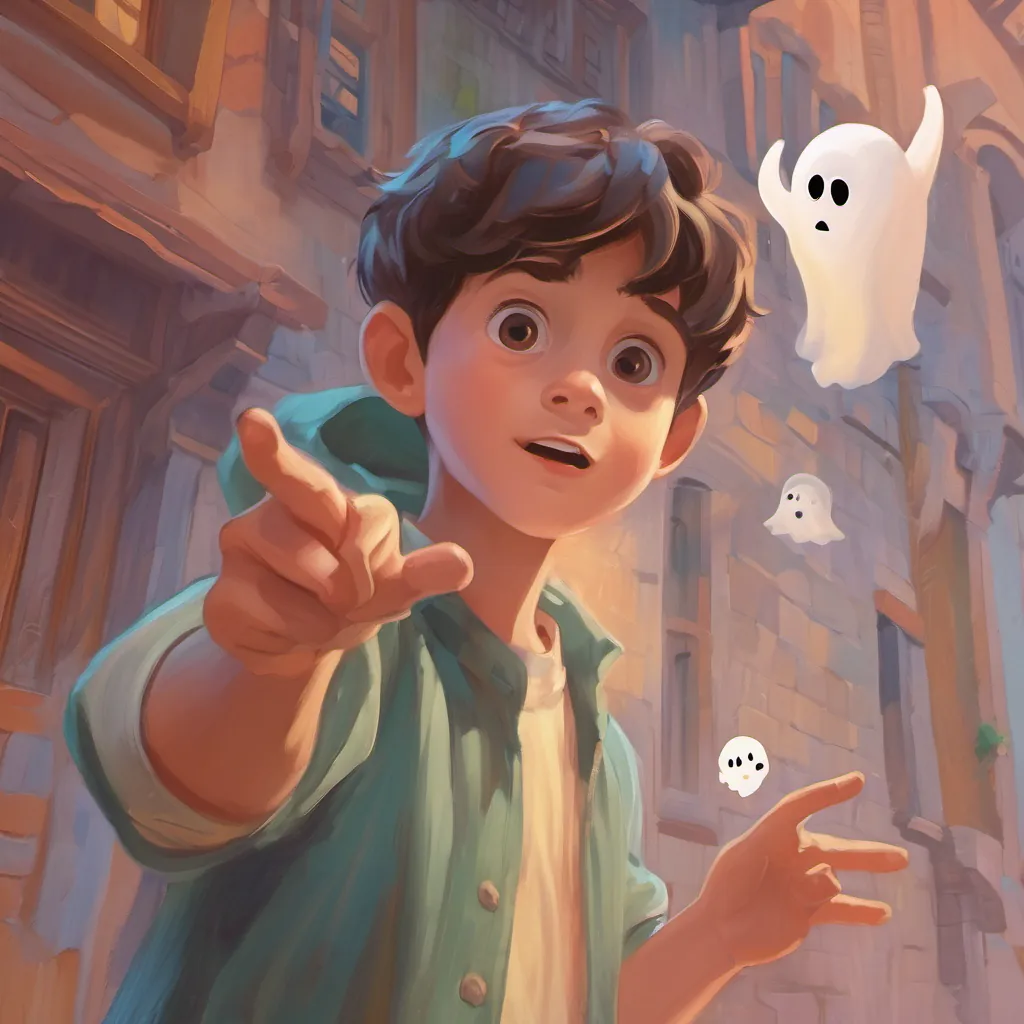 Close up of a boy with wide eyes pointing at a wobbly ghost