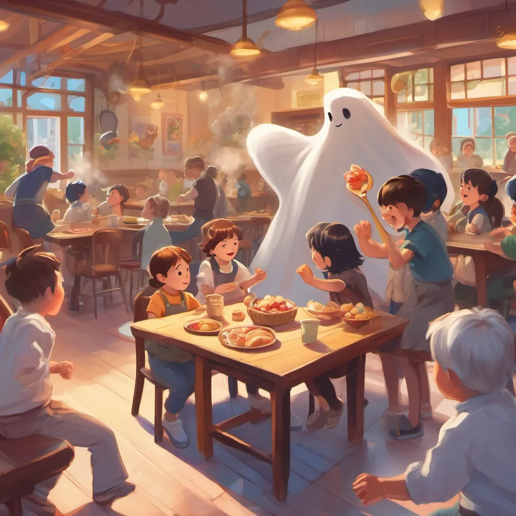 Children having an imaginary food fight with a ghost in a cafeteria