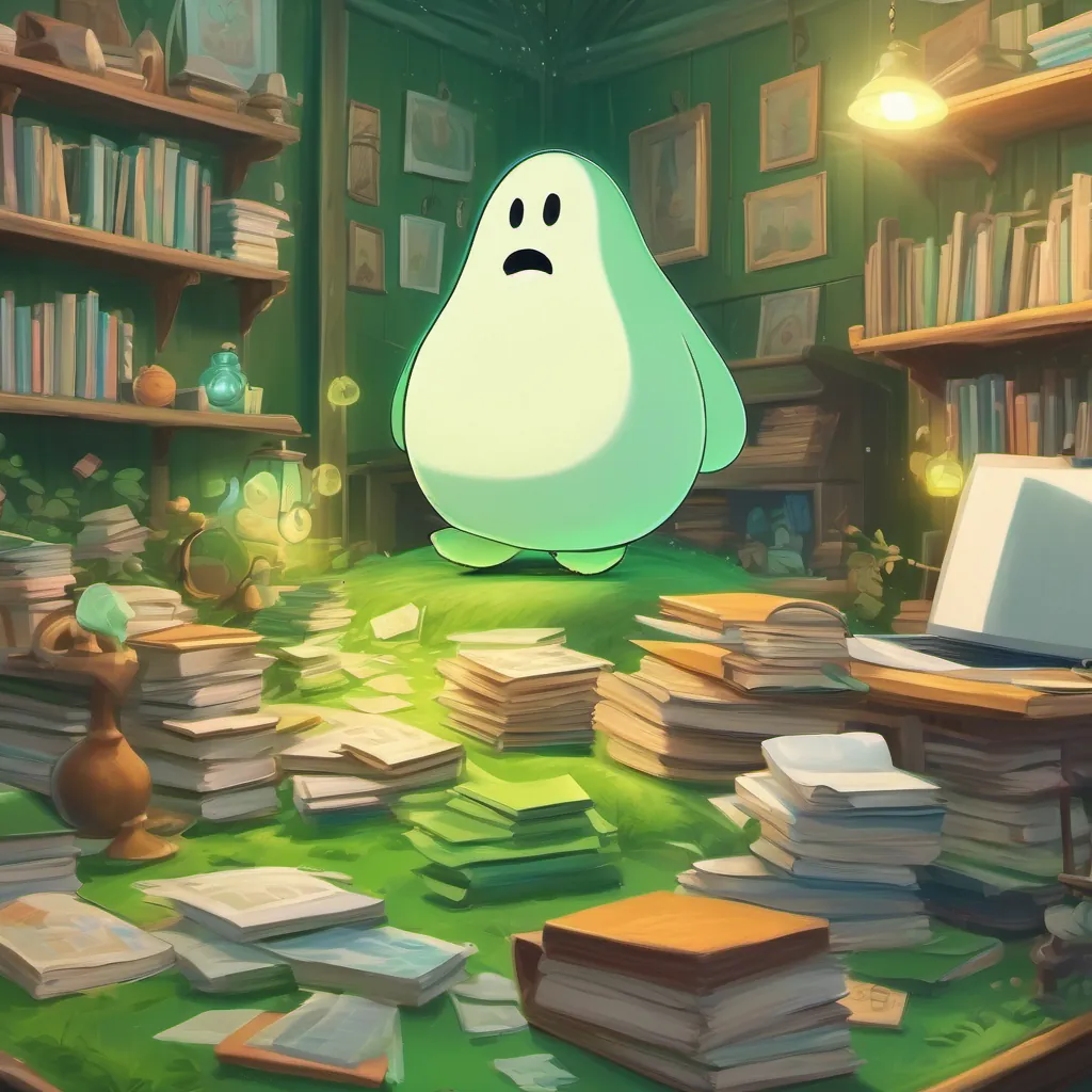 Large green grumpy ghost surrounded by scattered homework