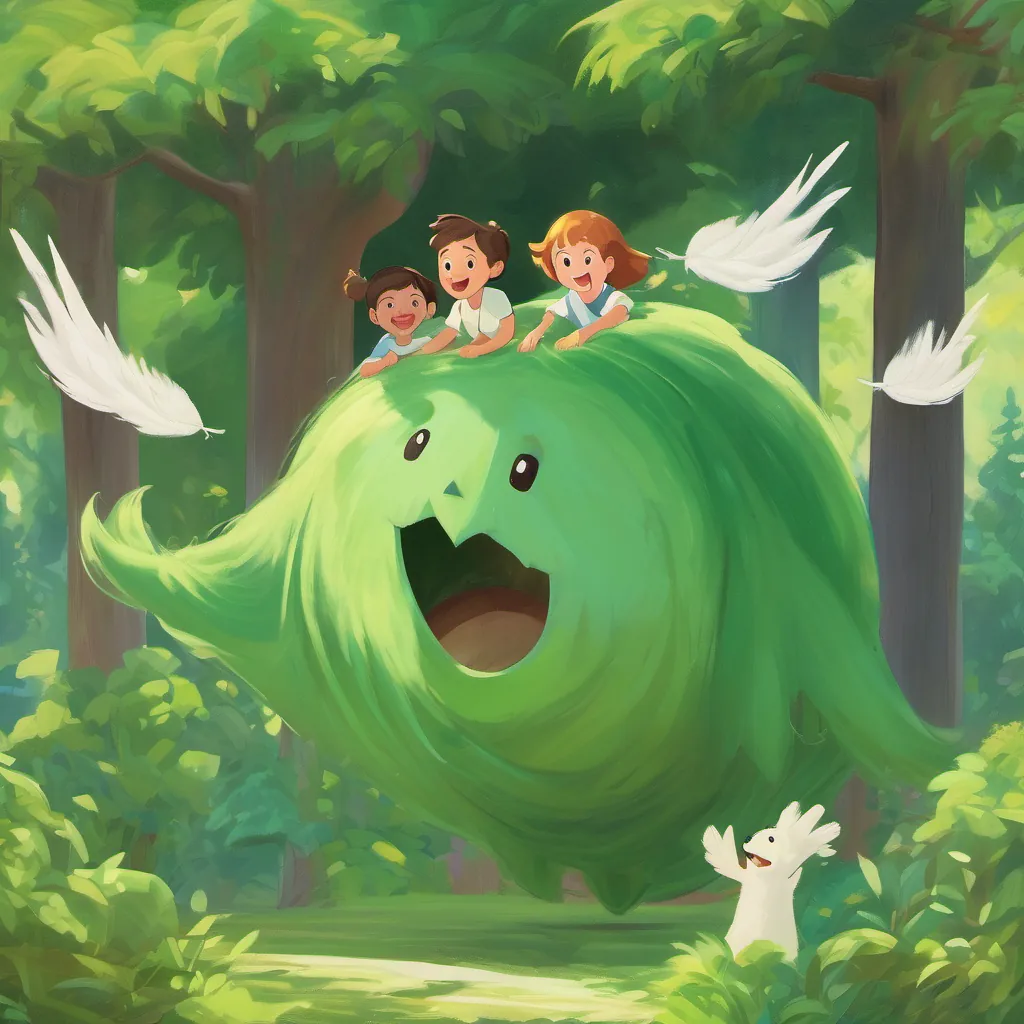 Children tickling a large green ghost with imaginary feathers