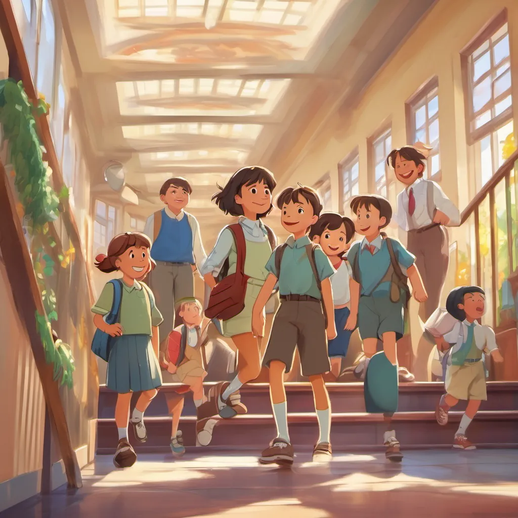 Happy children and teacher standing triumphantly in a school hallway