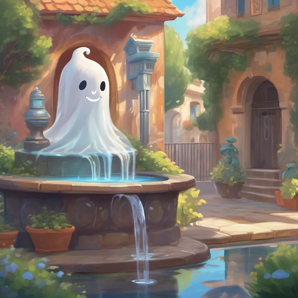 A wobbly transparent ghost with mismatched sock and mischievous grin by a water fountain