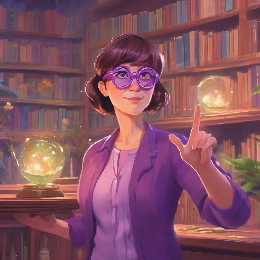A teacher with purple sparkly glasses and a determined expression points at the ghost
