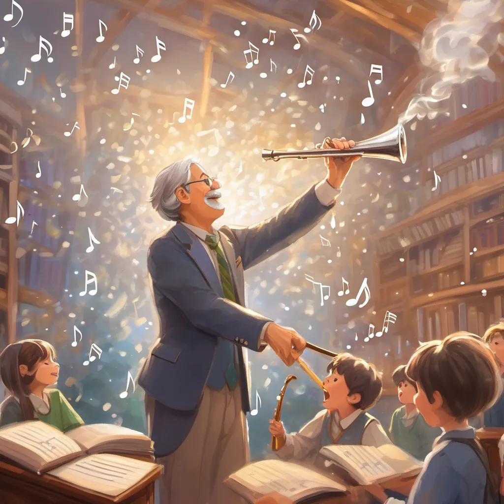Teacher blowing a silver whistle with musical notes and laughter bursting out of it