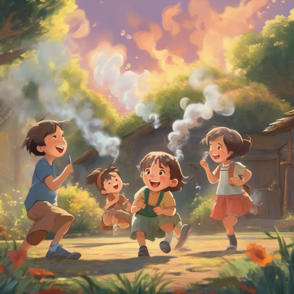 Children laughing hysterically with a wisp of smoke in the background