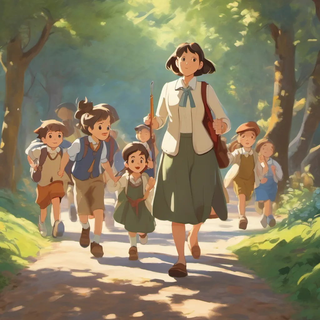 Teacher and children marching with determination with the teacher blowing the whistle