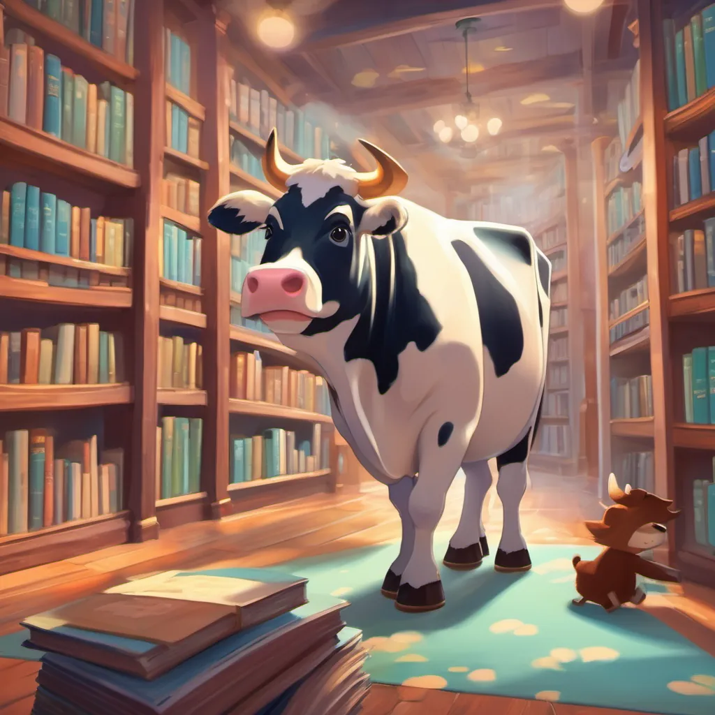 Children mooing like a cow at a ghost balancing books in a library