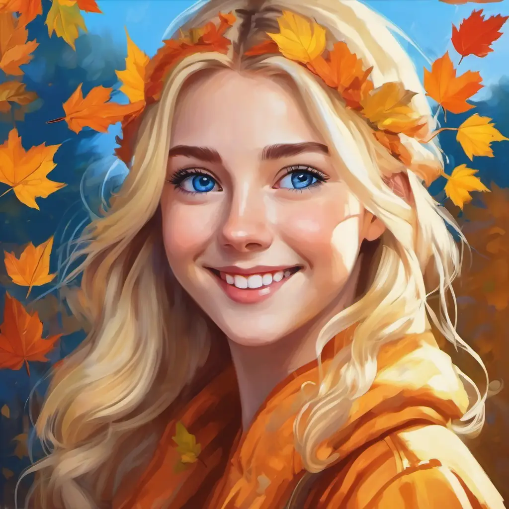 Showing Blonde hair, blue eyes, always smiling and kind-hearted's unique gift of finding beauty in everything.