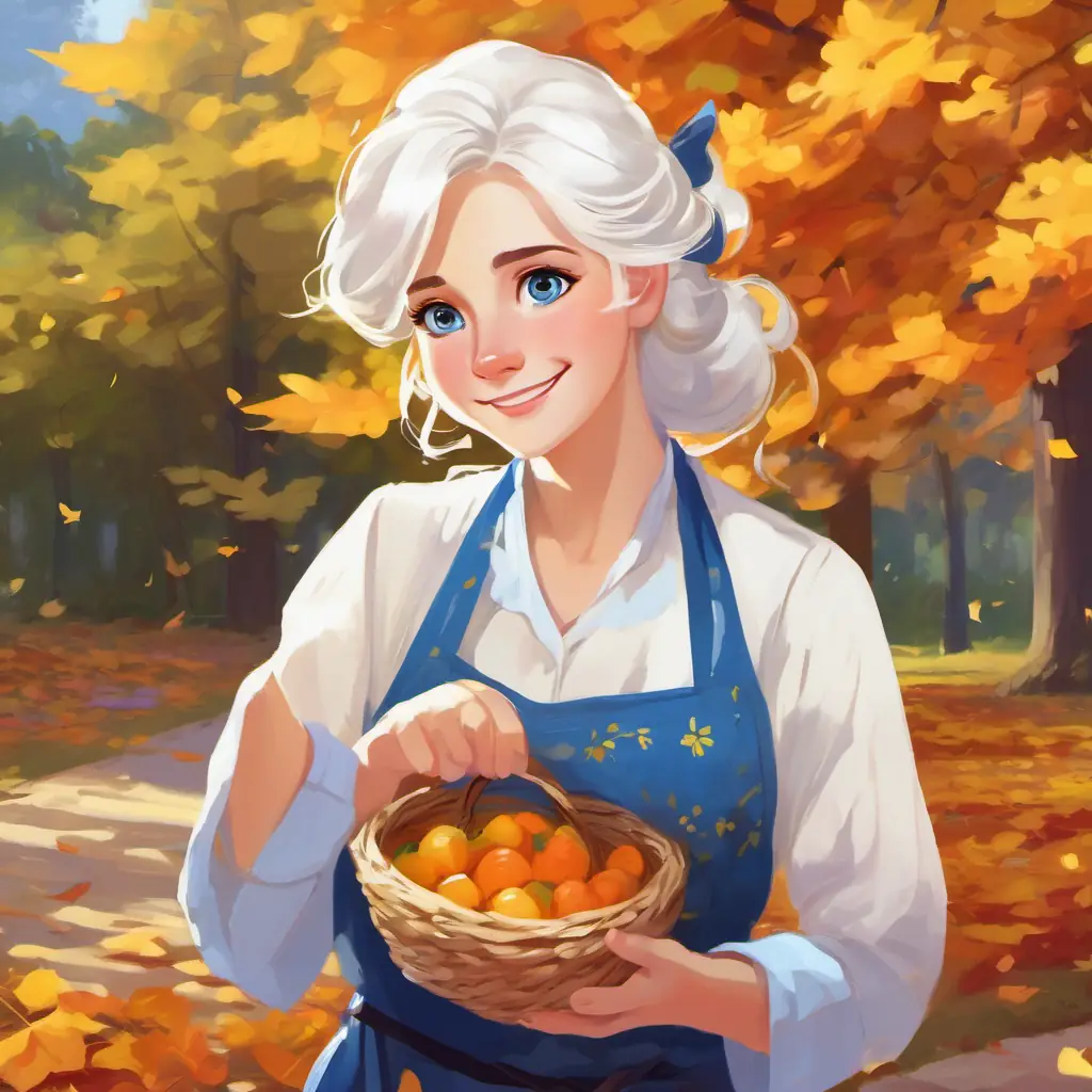 White hair, twinkling eyes, always wearing a flowery apron notices Blonde hair, blue eyes, always smiling and kind-hearted's sadness and plans to help her.