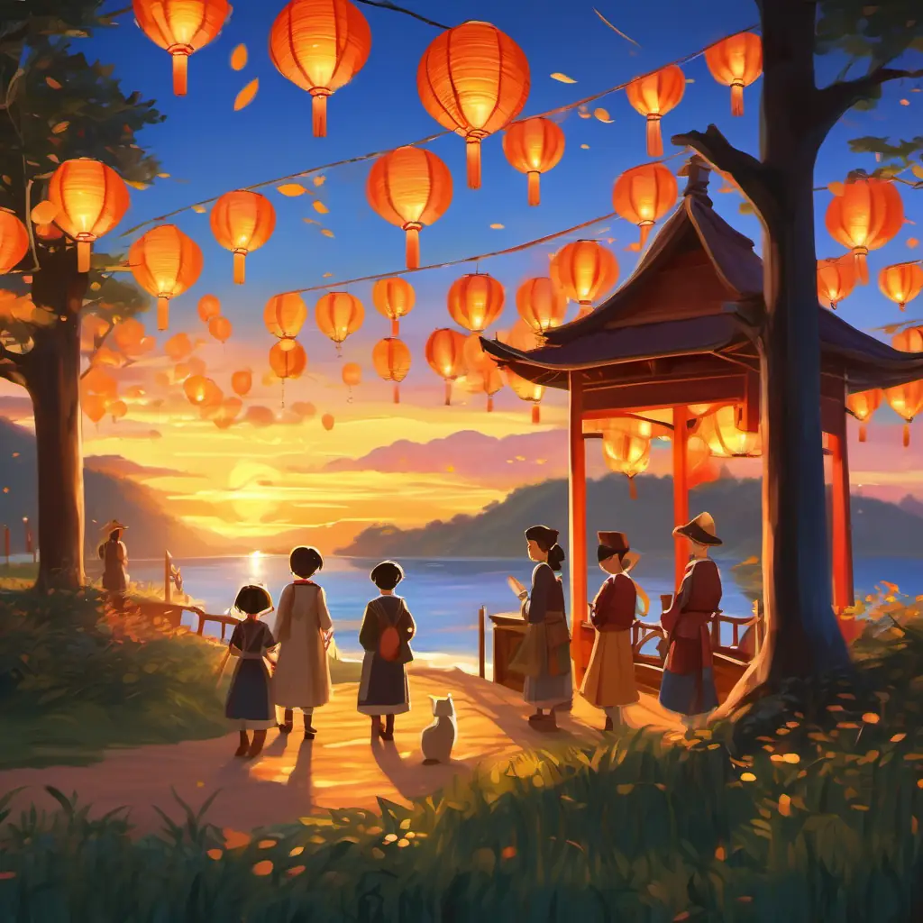 Sun setting, joining young courtiers, festive lantern-making, creating splendid lanterns