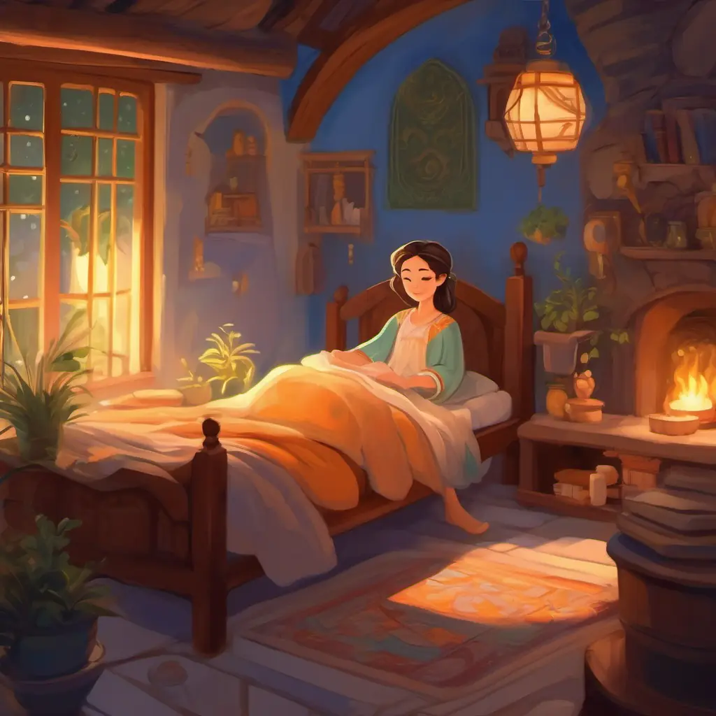 Bedtime, Graceful, with a warm smile and gentle, wise eyes telling tales, ancient legends, drifting off to sleep