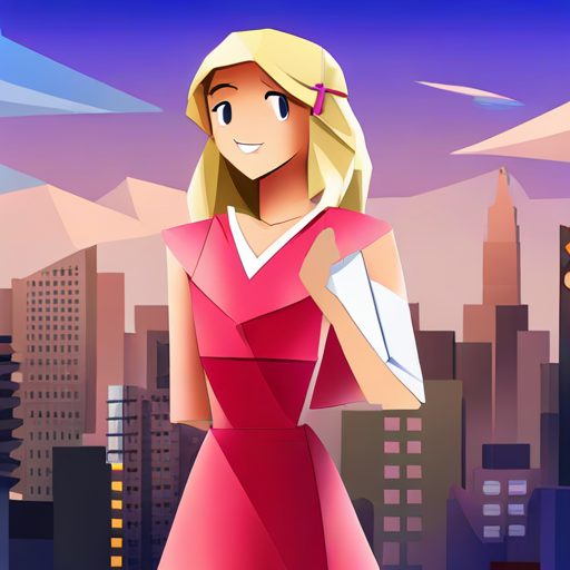 Amy - curly brown hair, blue dress, always smiling and Lucy - long blonde hair, pink dress, carrying a microphone in a city full of buildings