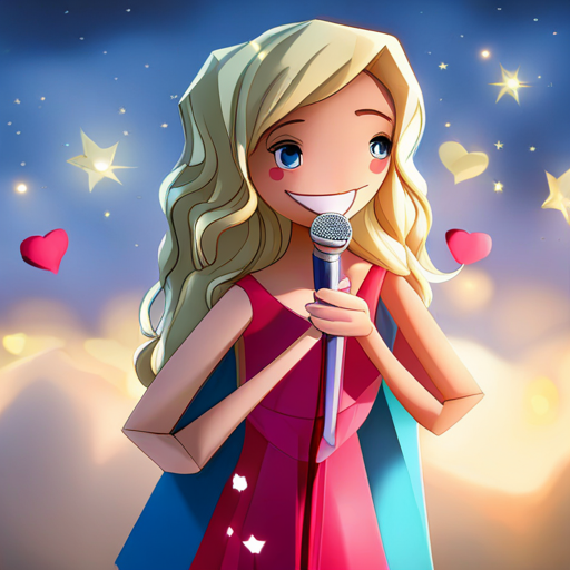 Amy - curly brown hair, blue dress, always smiling and Lucy - long blonde hair, pink dress, carrying a microphone hugging, surrounded by hearts and stars