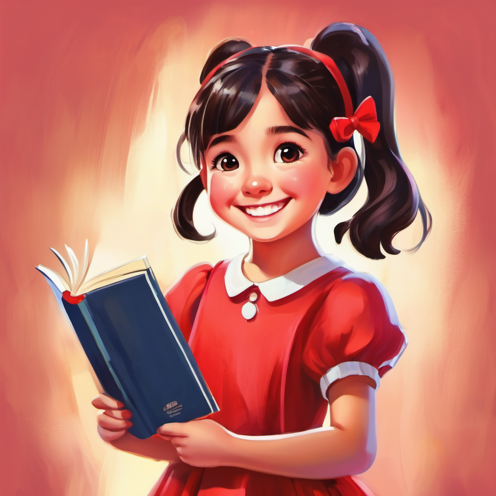 Happy girl with pigtails, wearing a red dress smiling while holding a bright ABCD book