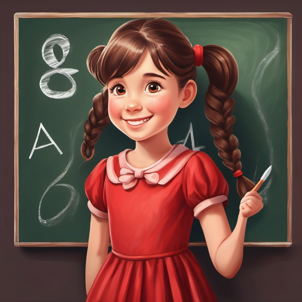 Happy girl with pigtails, wearing a red dress pointing at the letter A on a blackboard