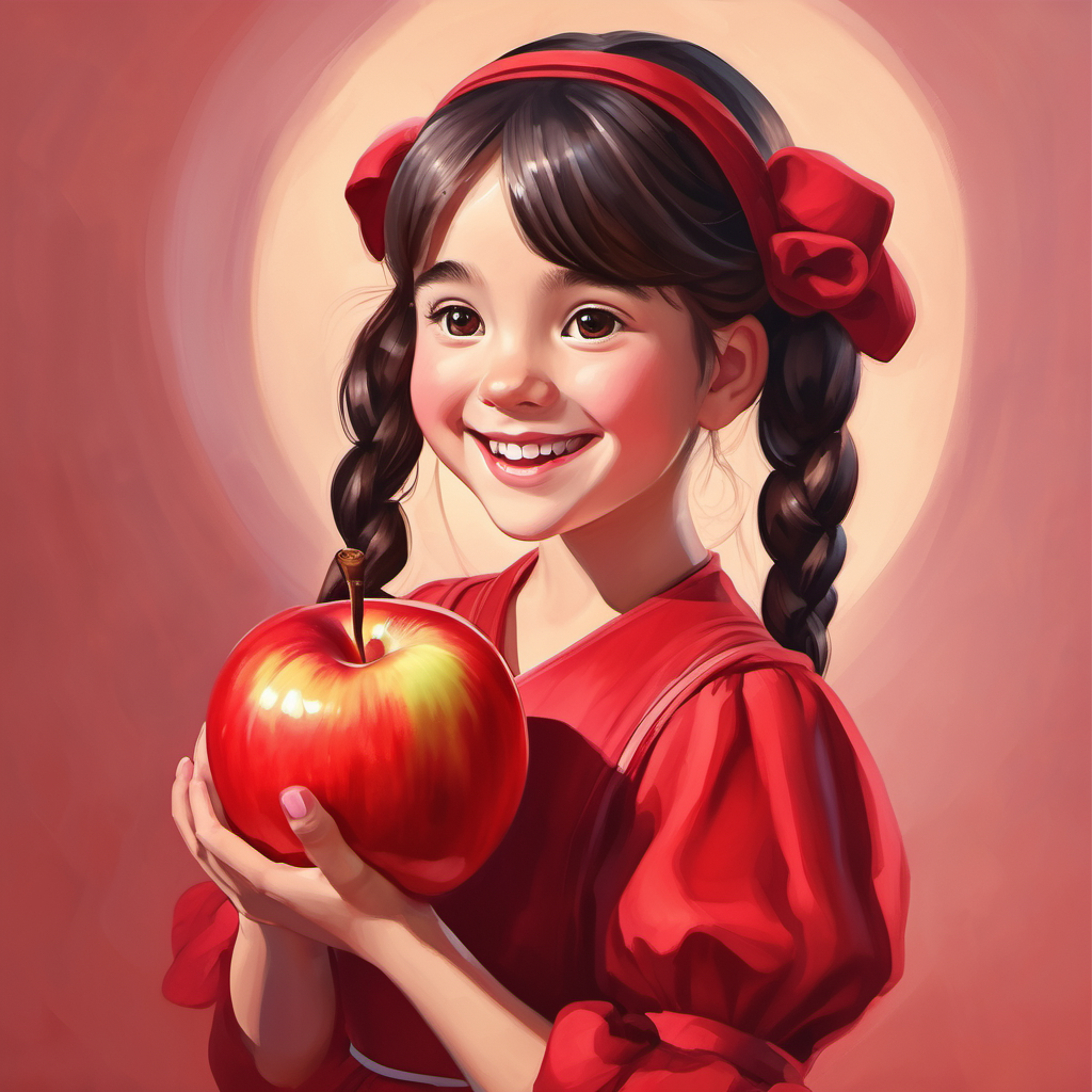 Happy girl with pigtails, wearing a red dress holding a shiny red apple