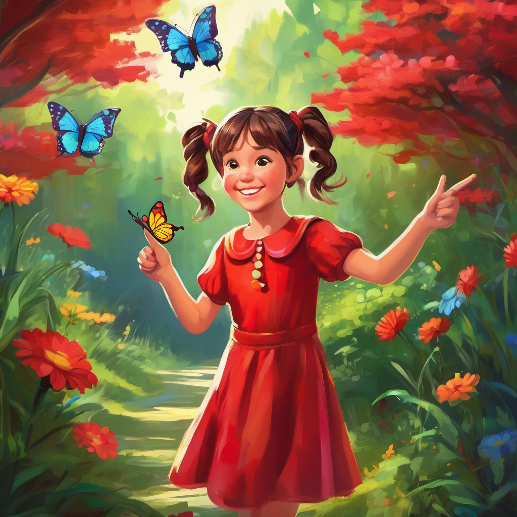 Happy girl with pigtails, wearing a red dress pointing at a colorful butterfly