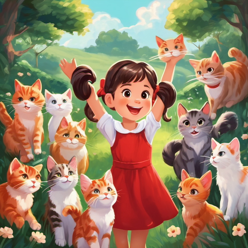 Happy girl with pigtails, wearing a red dress with arms raised, surrounded by cute cats