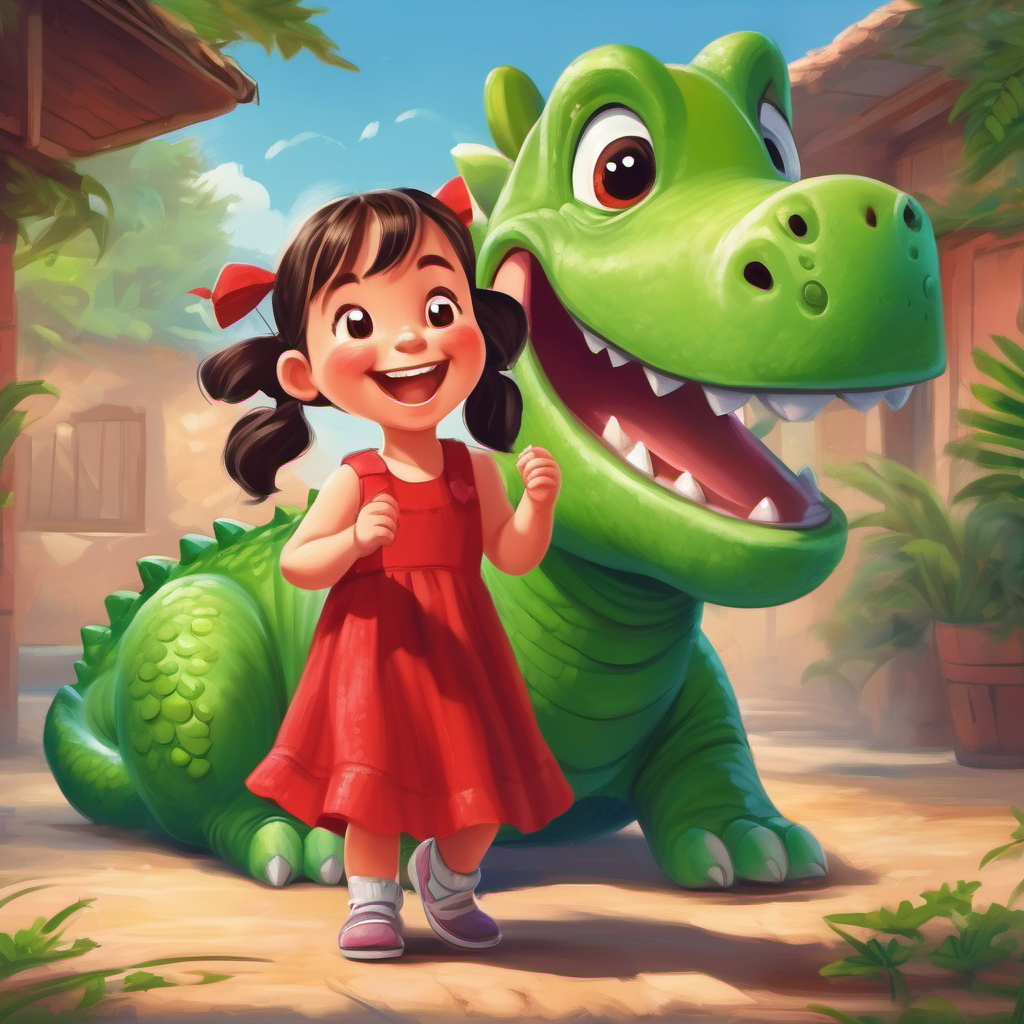 Happy girl with pigtails, wearing a red dress laughing, playing with a green toy dinosaur