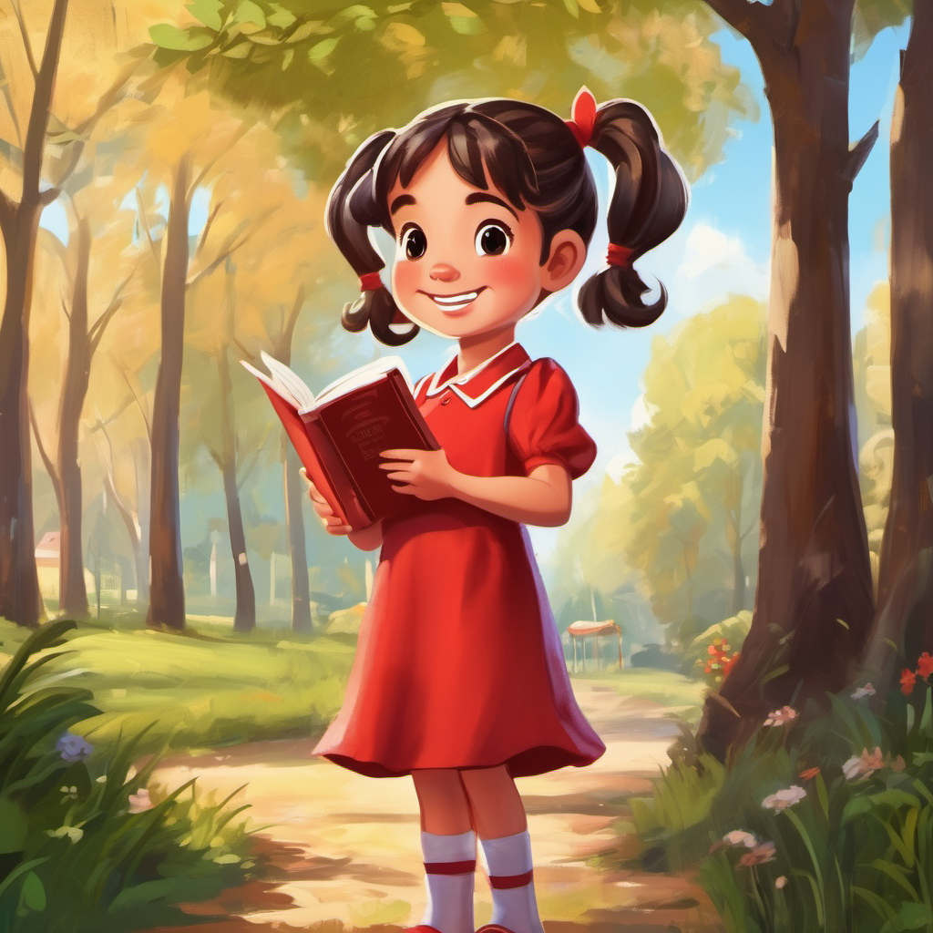 Happy girl with pigtails, wearing a red dress standing tall, holding her ABCD book