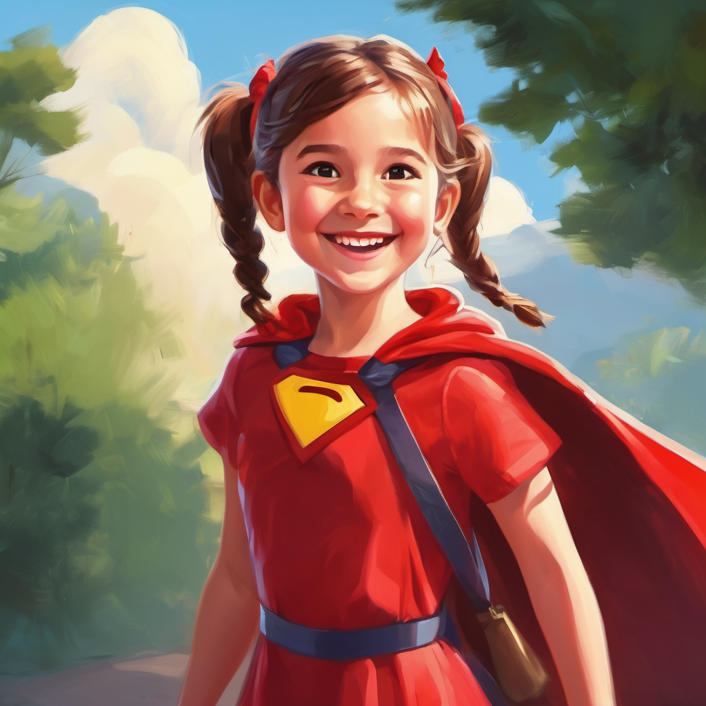 Happy girl with pigtails, wearing a red dress wearing a superhero cape, smiling brightly