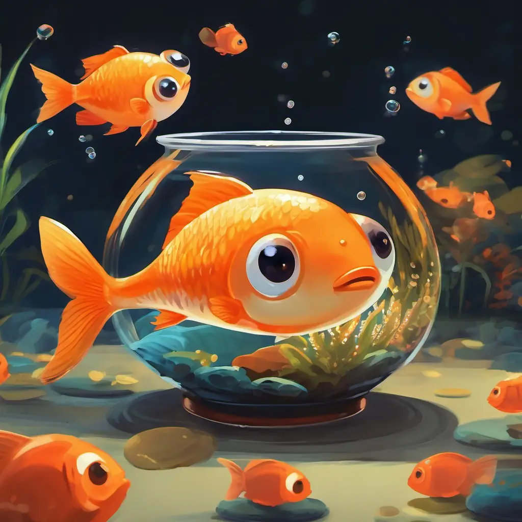 Introducing Small orange fish, tiny fins, big round eyes the fish inside a small bowl.