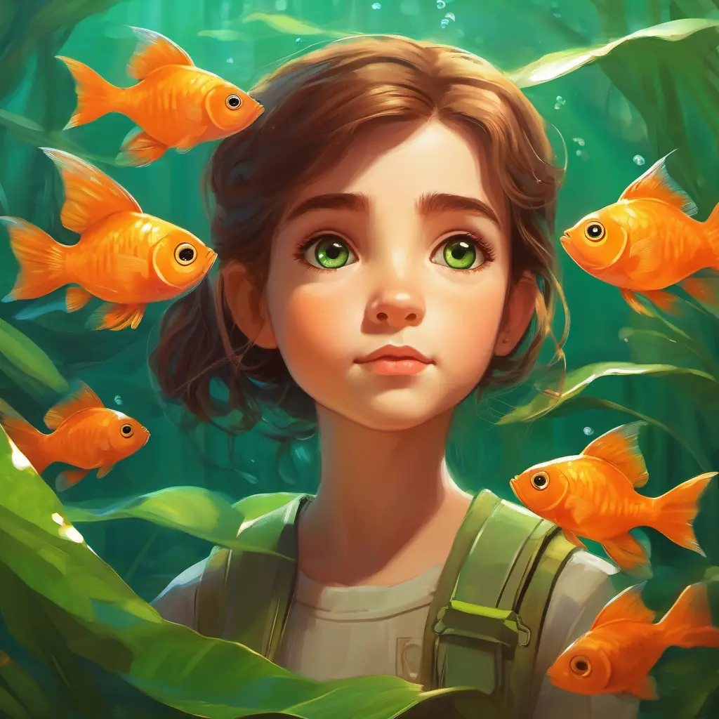 Kind young girl with brown hair and caring green eyes rescues Small orange fish, tiny fins, big round eyes, providing comfort and security.