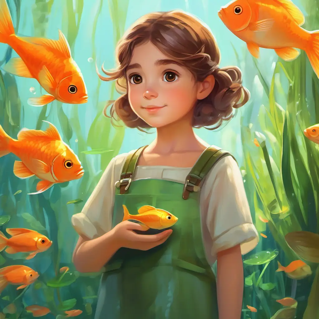Introduction of Kind young girl with brown hair and caring green eyes, who takes care of Small orange fish, tiny fins, big round eyes.