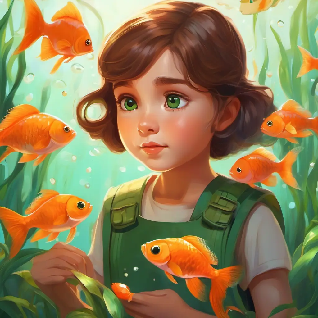 Kind young girl with brown hair and caring green eyes speaks to Small orange fish, tiny fins, big round eyes reassuring him of his safety.