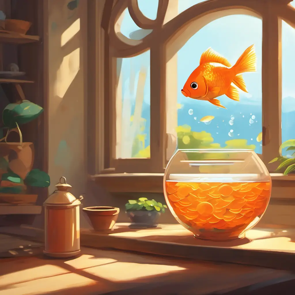 An opportunity arises for Small orange fish, tiny fins, big round eyes with the bowl by the window.