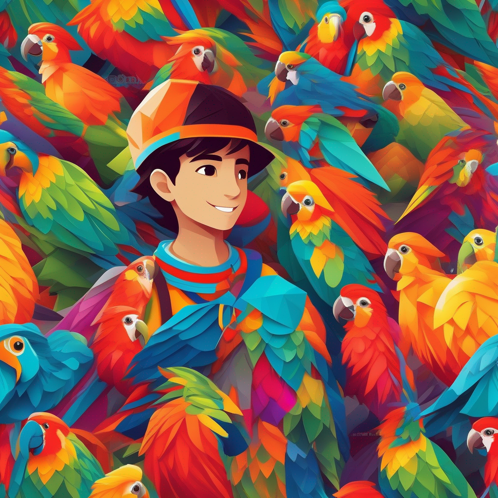 Young boy with a kind smile, adventurous and vibrant outfit and Colorful parrot, Aladin's loyal best friend exploring the kingdom, vibrant and adventurous