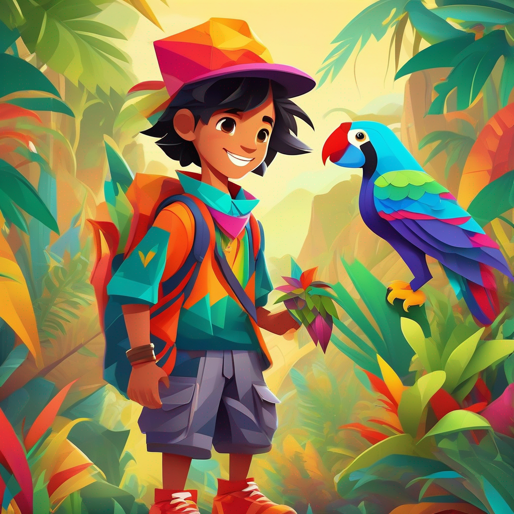 Young boy with a kind smile, adventurous and vibrant outfit and Colorful parrot, Aladin's loyal best friend exploring new lands, meeting diverse friends