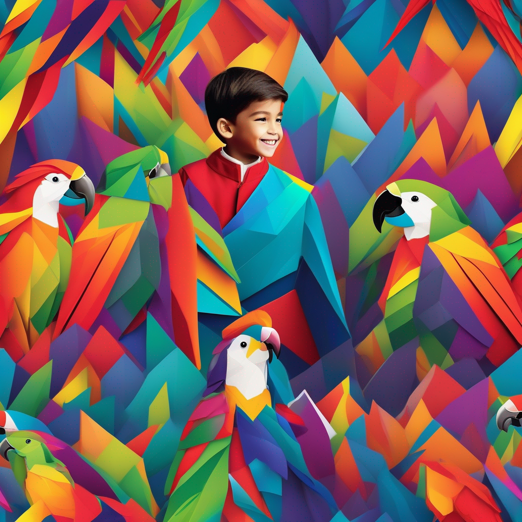 Young boy with a kind smile, adventurous and vibrant outfit becoming a respected leader, Colorful parrot, Aladin's loyal best friend always by his side