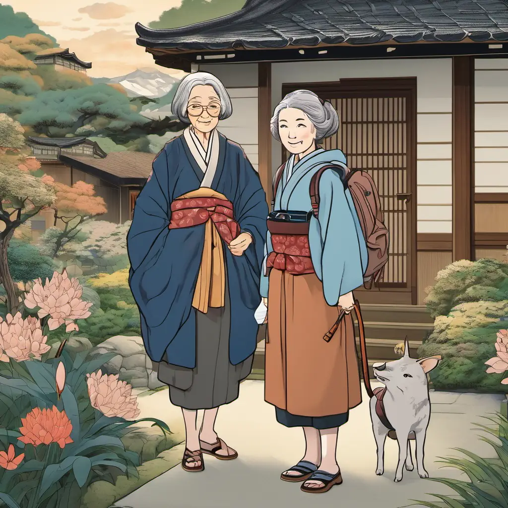 Lily is a little girl with brown hair and blue eyes and Grandma is an old lady with gray hair and kind eyes are standing outside their house, ready to go on an adventure. They have backpacks on their backs.