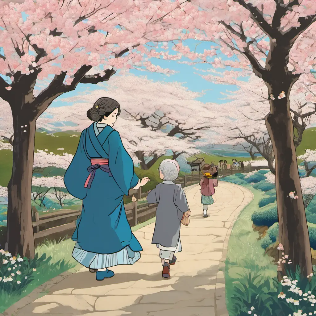 Lily is a little girl with brown hair and blue eyes and Grandma is an old lady with gray hair and kind eyes are walking up a path with cherry blossom trees on both sides. Lily is a little girl with brown hair and blue eyes is pointing at the flowers.