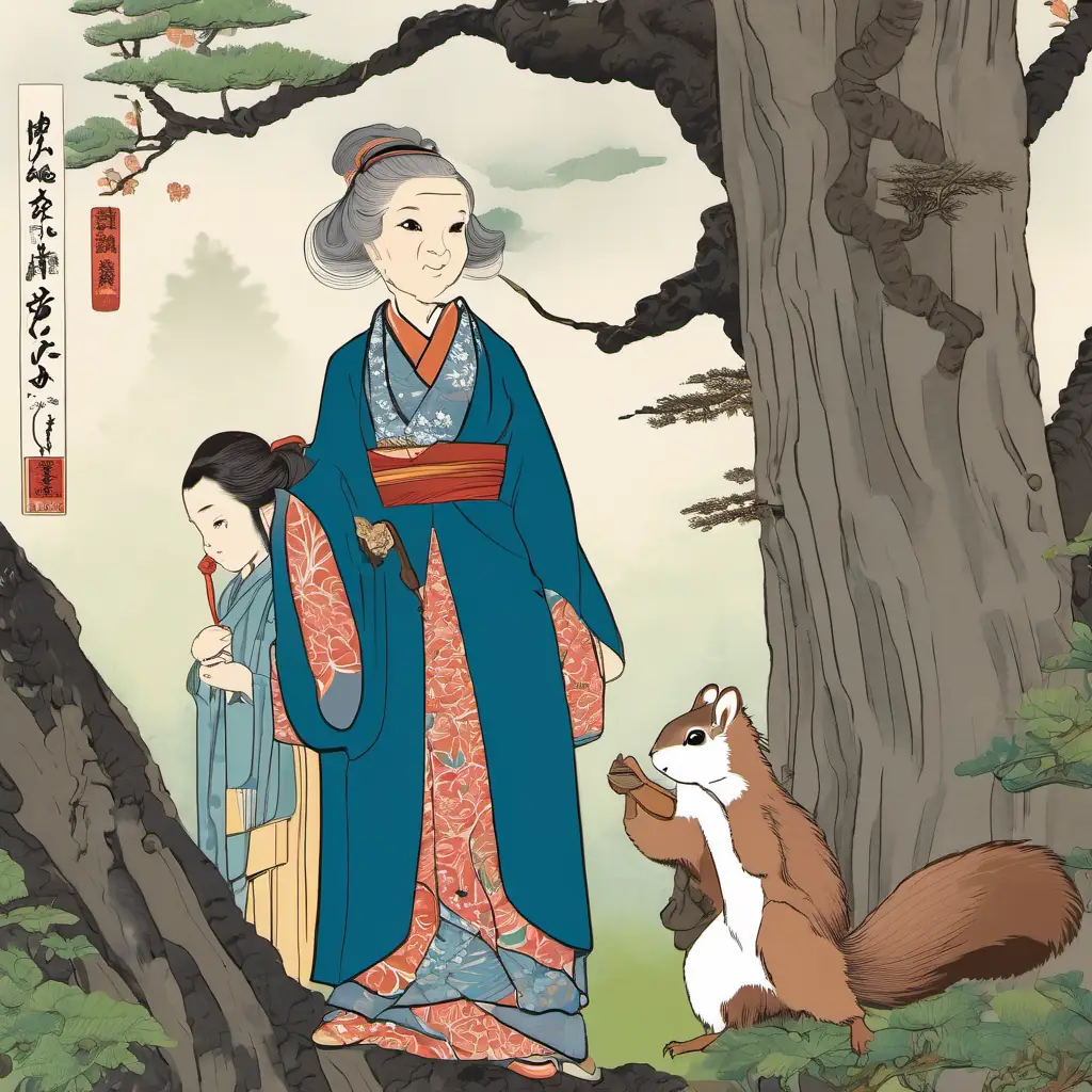 Lily is a little girl with brown hair and blue eyes and Grandma is an old lady with gray hair and kind eyes are standing near a tall tree. A squirrel is climbing up the tree trunk.