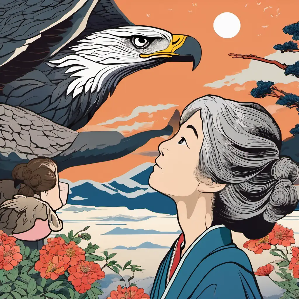 Lily is a little girl with brown hair and blue eyes and Grandma is an old lady with gray hair and kind eyes are looking up at the sky. There is a majestic eagle flying above them.