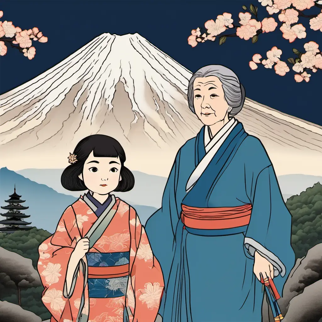 Lily is a little girl with brown hair and blue eyes and Grandma is an old lady with gray hair and kind eyes are standing on the top of Mount Fuji. They can see a breathtaking view of the surrounding mountains and clouds.