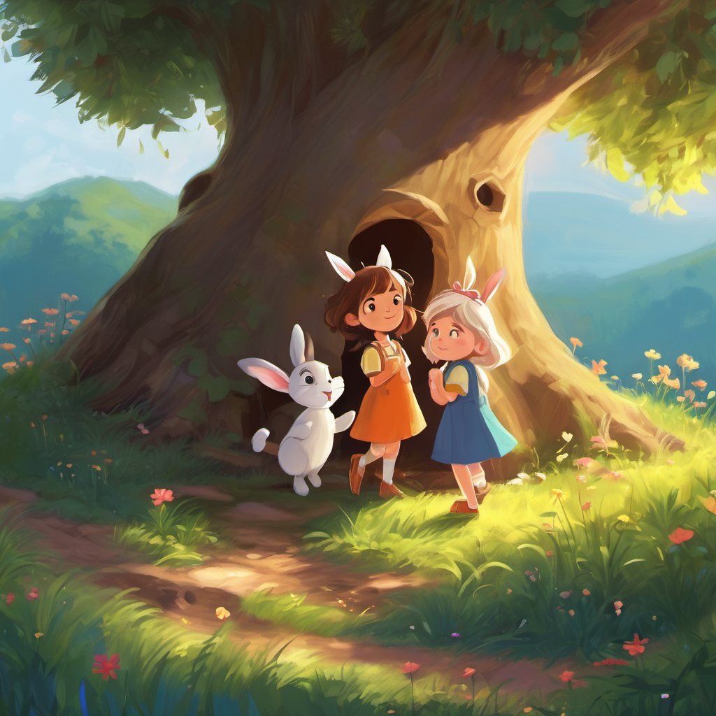 Without hesitation, they followed the voice to find a small, furry creature stuck in a hole. It was a cute little bunny named Bella. Lily and Jake carefully lifted Bella out of the hole, and she thanked them with a warm cuddle. Bella explained that she had been searching for the Friendship Tree for weeks. She desperately wanted to wish for a friend to play with. Overwhelmed by Bella's story, Lily and Jake invited Bella to join them on their quest.