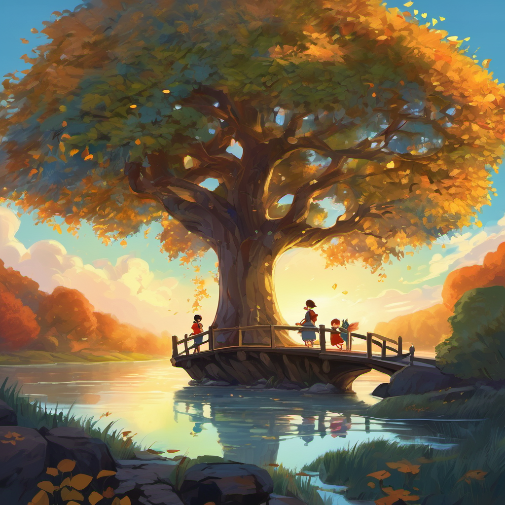 Together, they continued their journey, supporting each other along the way. They faced challenges like crossing a rickety old bridge, escaping from mischievous fairies, and solving riddles from talking animals. Through it all, they relied on their friendship and teamwork to overcome every obstacle. Finally, after days of adventure, laughter, and a few scraped knees, they stumbled upon the most brilliant sight they had ever seen—the Friendship Tree! It stood tall, covered in shimmering leaves that sparkled in the moonlight.