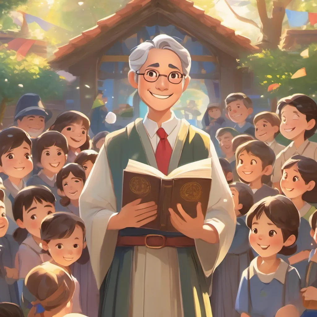 A lively and cheerful A kind-hearted leader with bright eyes and a welcoming smile, dressed in simple, traditional clerical attire, surrounded by an aura of warmth and determination smiling, holding a book, surrounded by children.