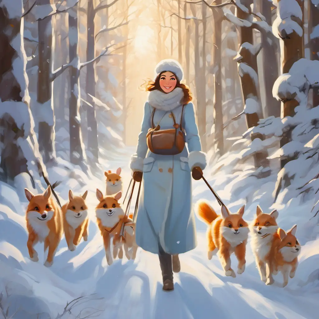 Coniglio adulto, pelo bianco come la neve, occhi dolci e amorevoli with her babies, bounding in the snowy woods