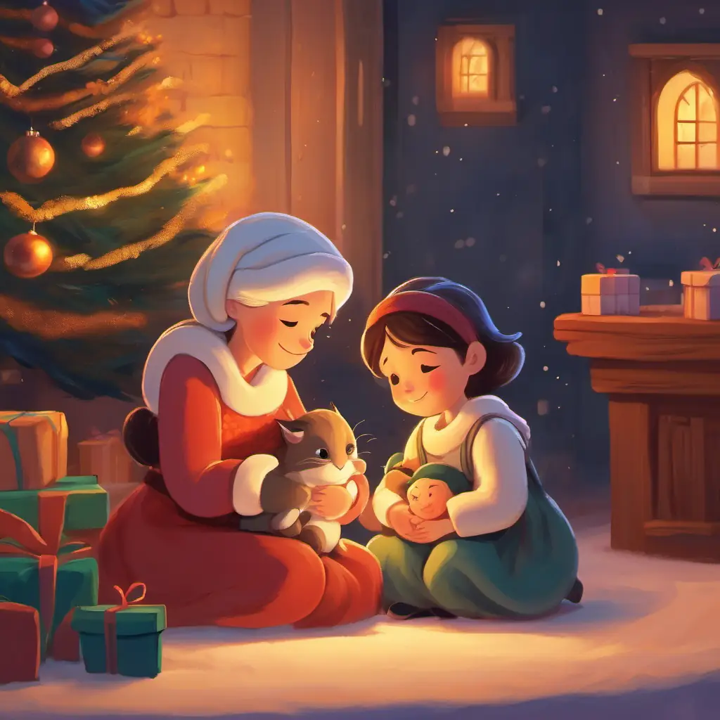 Mamma and her babies hugging, feeling the warmth of Christmas