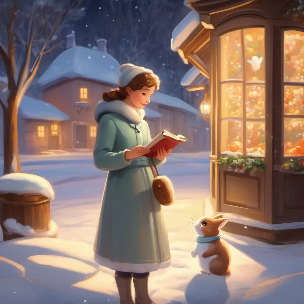 Coniglio adulto, pelo bianco come la neve, occhi dolci e amorevoli beginning her explanation, looking fondly at her child
