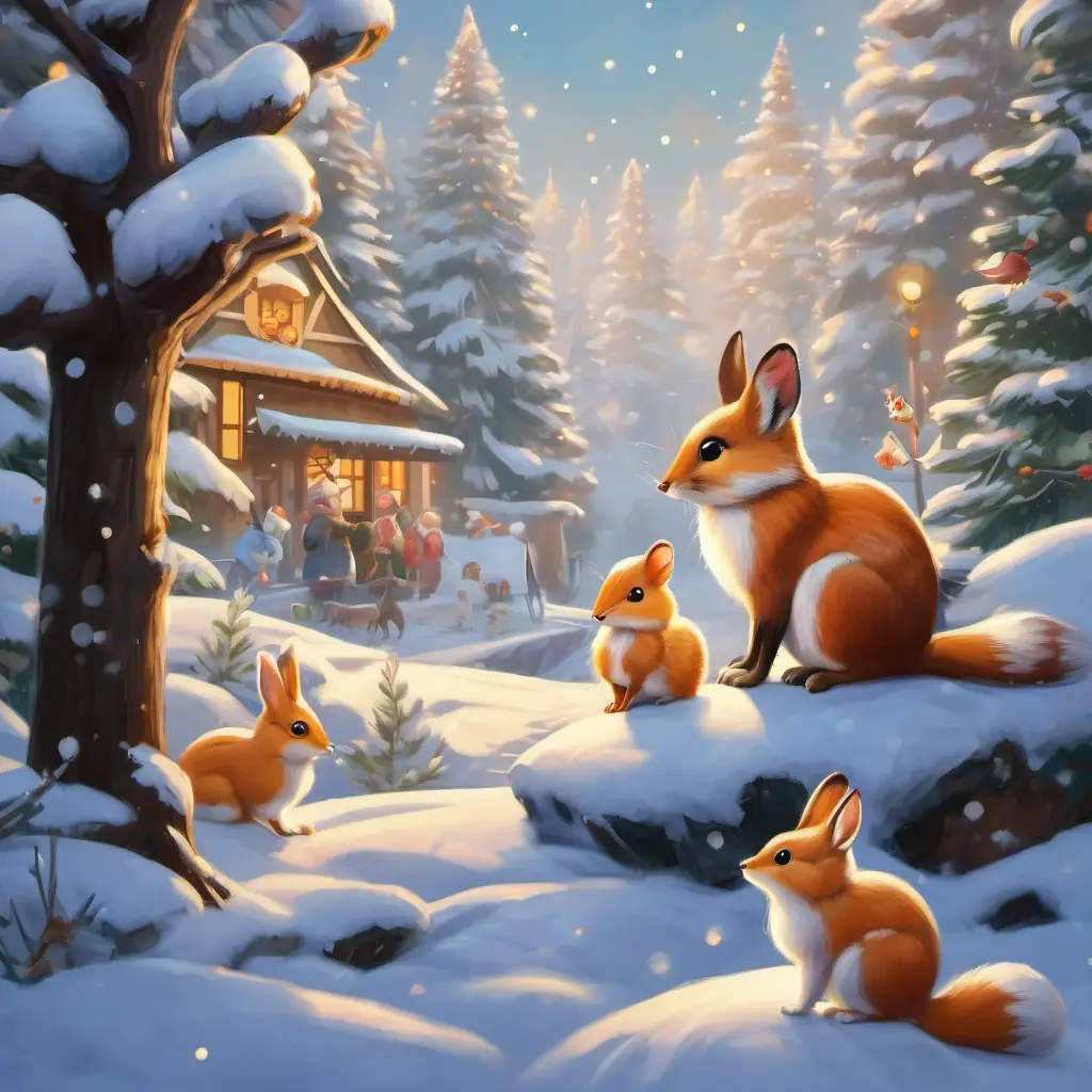 Coniglio adulto, pelo bianco come la neve, occhi dolci e amorevoli, explaining the Christmas gathering of woodland creatures